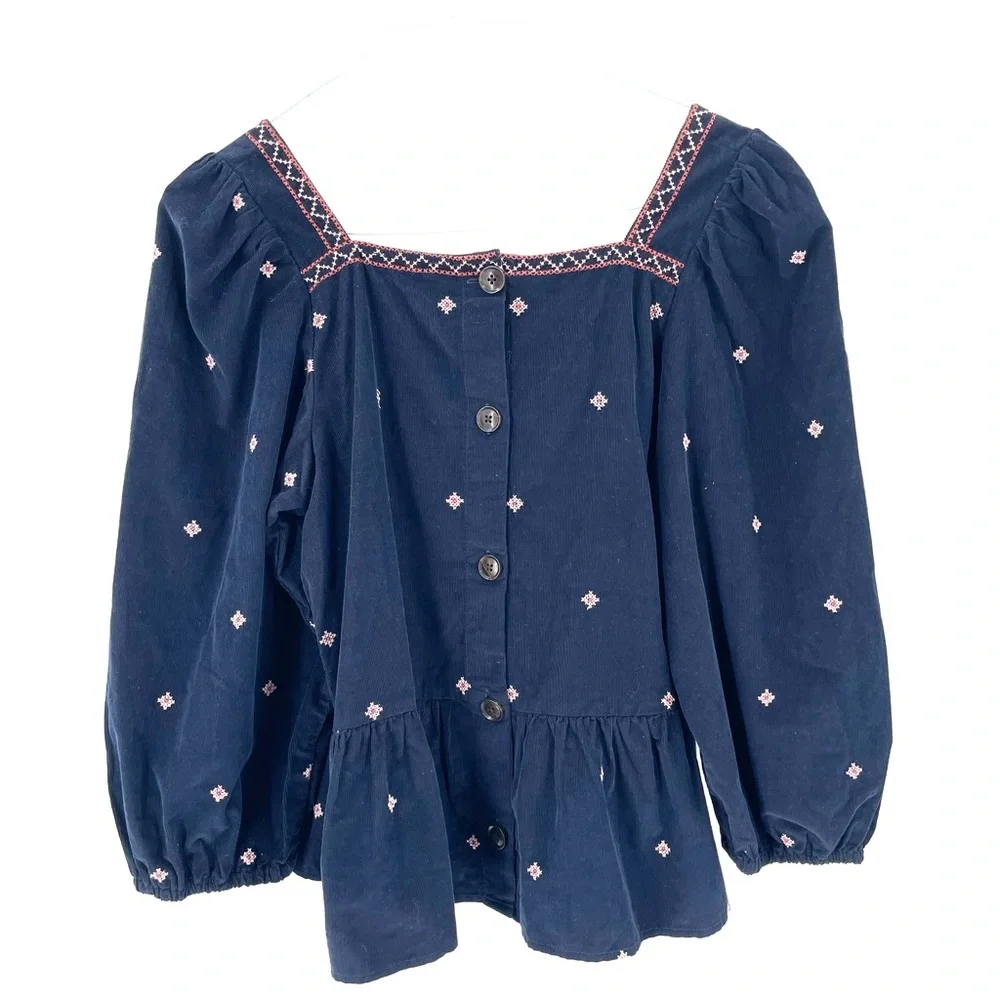 MADEWELL Embroidered Velvet Square Neck Corduroy Button-Back Peplum Boho Top